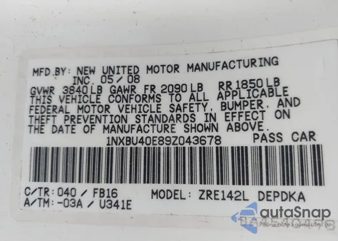 2009 Toyota Corolla Le from USA, damaged, VIN 1NXBU40E89Z043678